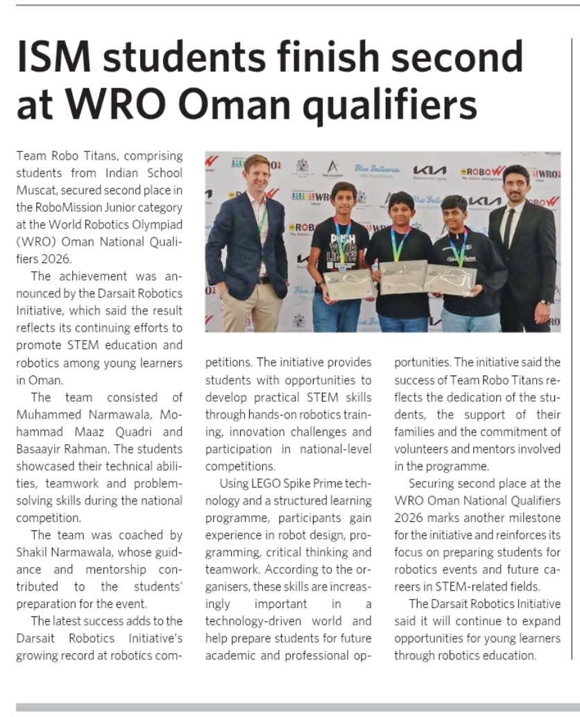 Press feature · Darsait Robotics Initiative coverage: ISM students finish second at WRO Oman qualifiers