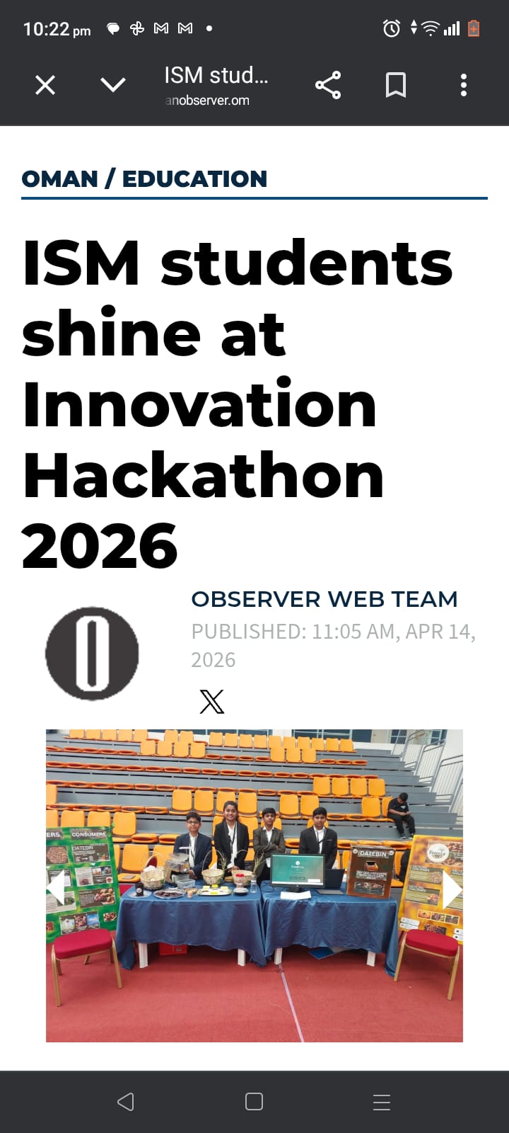 Oman Observer coverage: ISM students shine at Innovation Hackathon 2026